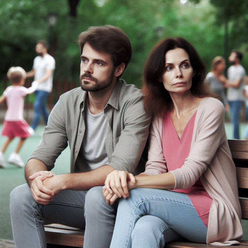 Un uomo e una donna di 40 anni sono seduti su una panchina in un parco. I due sono soli sulla panchina. Si guardano intorno e vedono altre persone giocare con i loro bambini