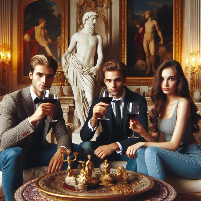 due giovani uomini europei e due giovani donne europee sorseggiano dei calici di vino in una villa elegante, decorata con statue greche, quadri con cornici d'oro e tappeti persiani