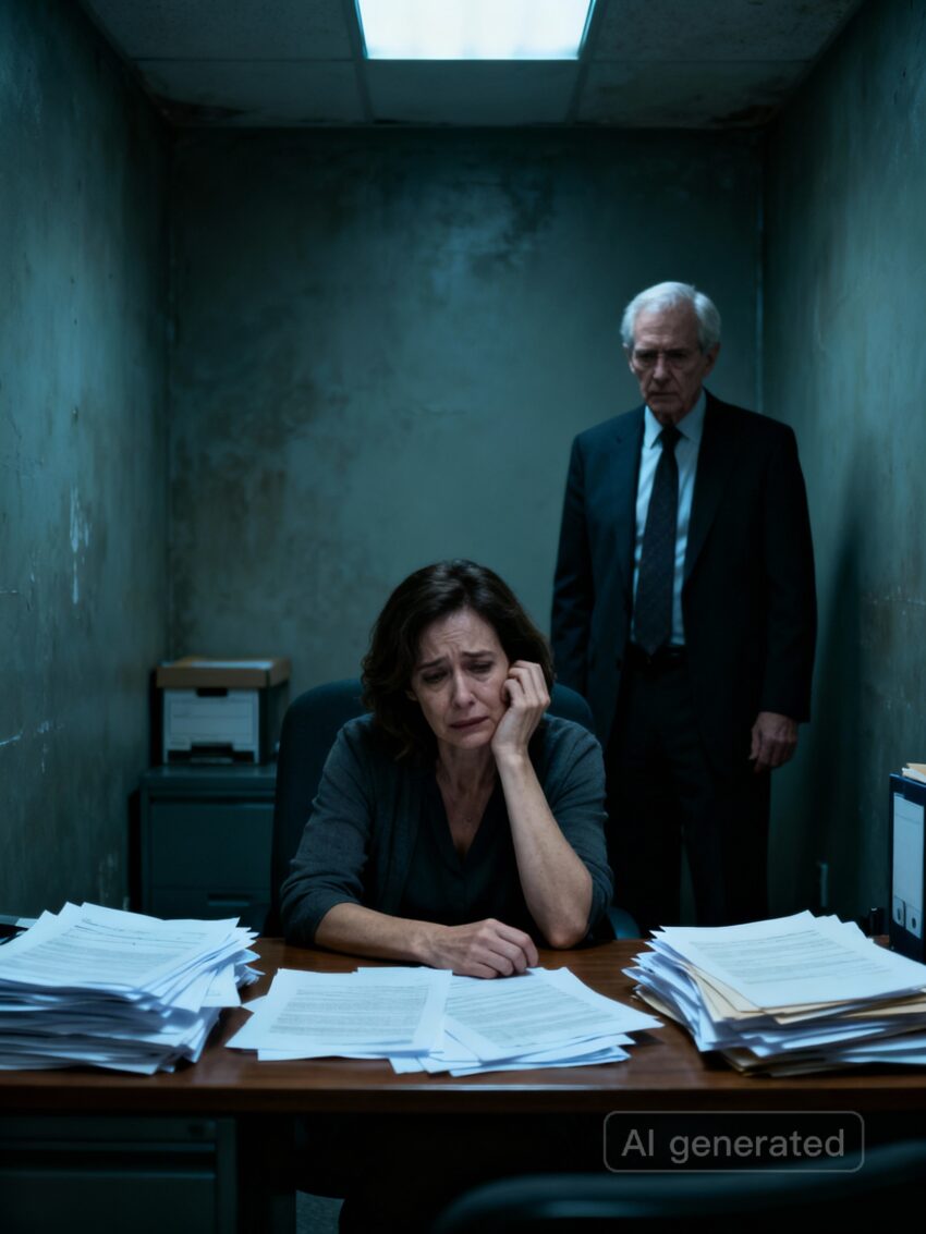 Donna di 40 anni seduta alla scrivania piena di pile di fogli. Alle sue spalle c'è il suo capo che la guarda con espressione severa