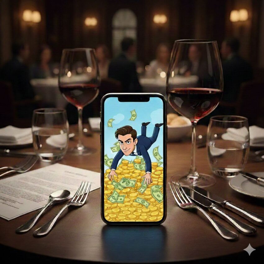 Un telefono su un tavolo mostra un fotomontaggio di un uomo che si tuffa in una montagna di monete d'oro