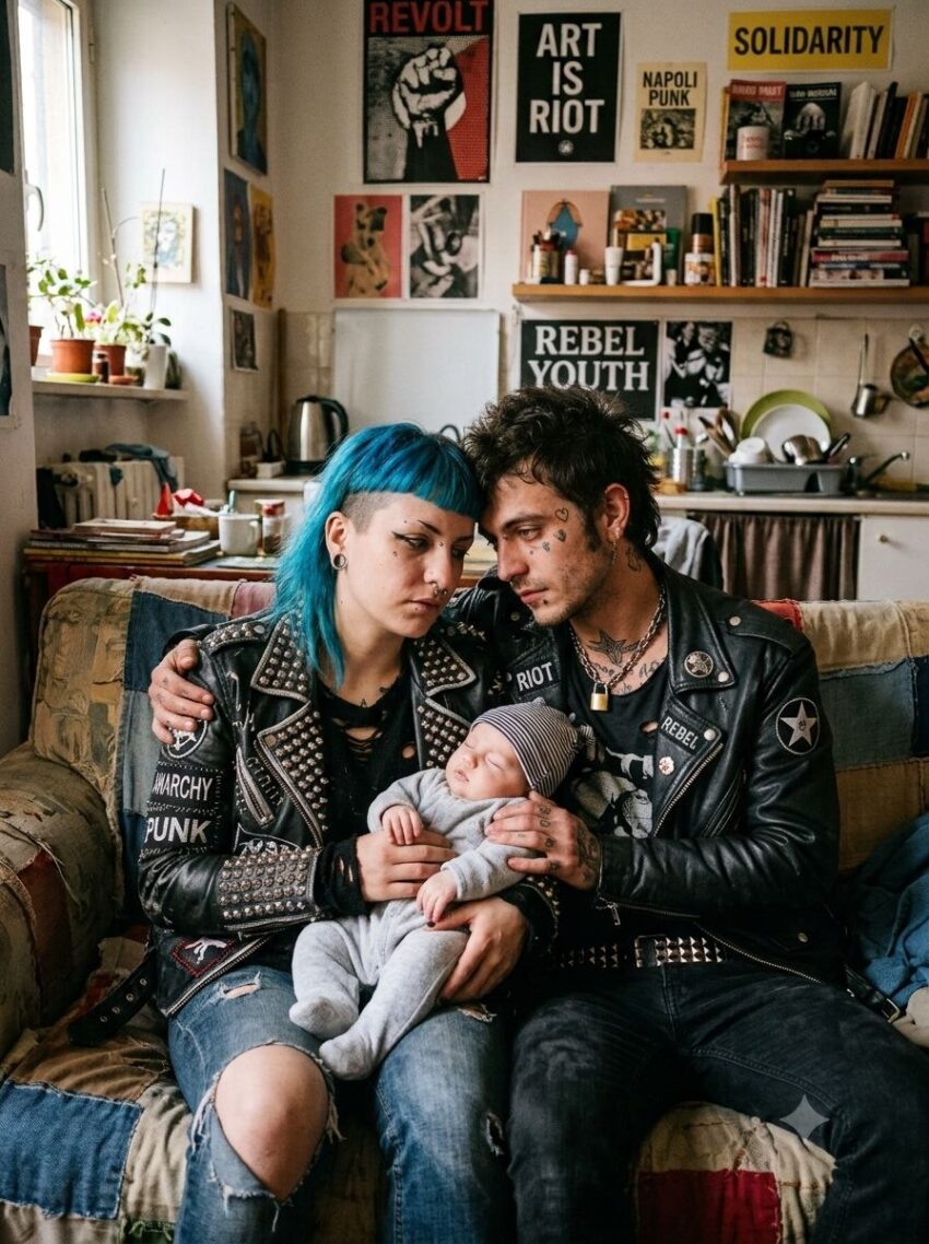 Due punk che stristi stringono tra le braccia un bambino